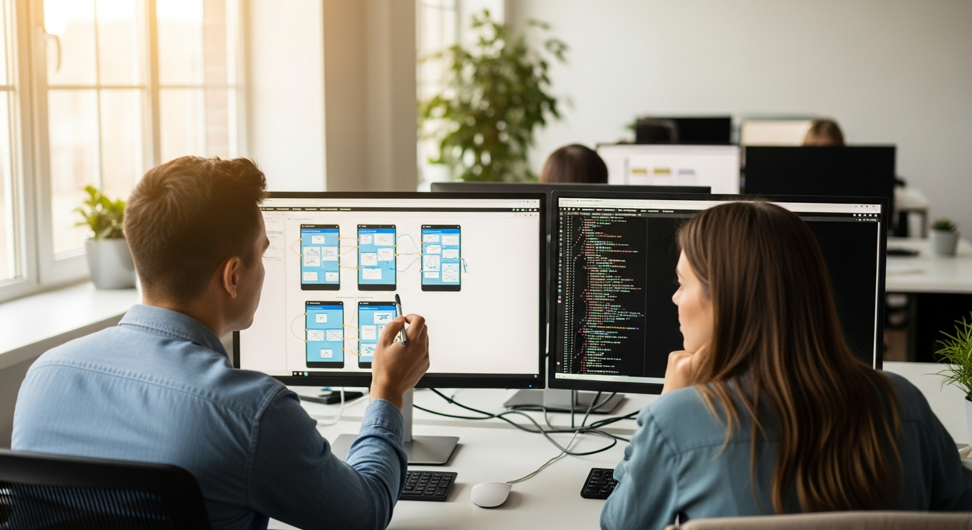 Développeurs collaborant sur la conception d'une application web sur mesure