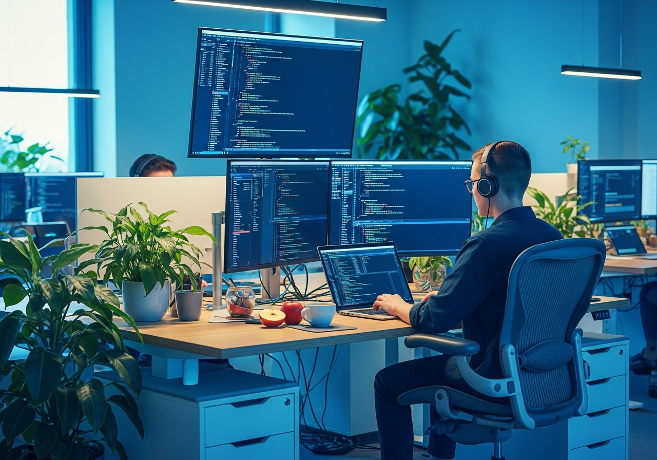 Modern technology workspace with developer coding on multiple screens in a clean minimalist office environment
