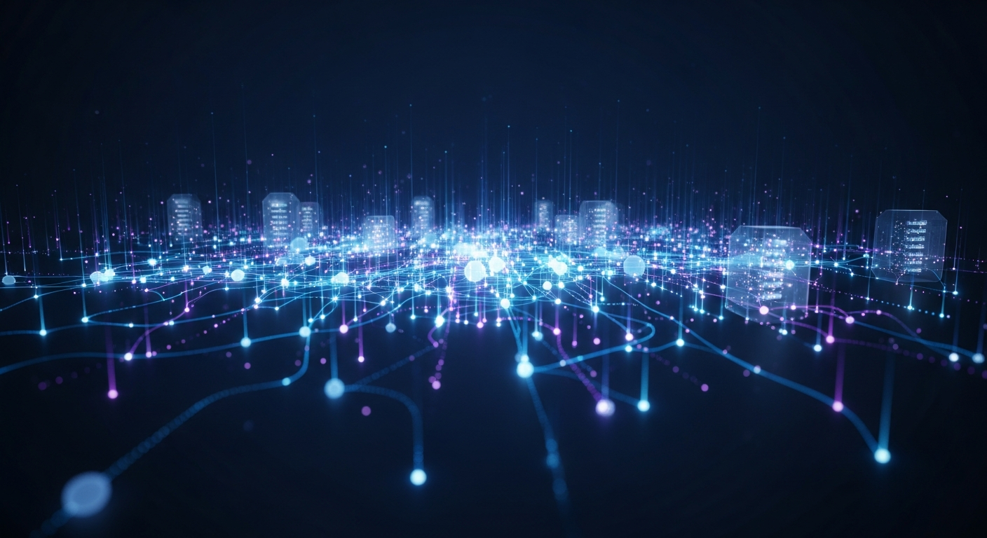 Visualisation architecturale d'une infrastructure cloud moderne avec nœuds interconnectés