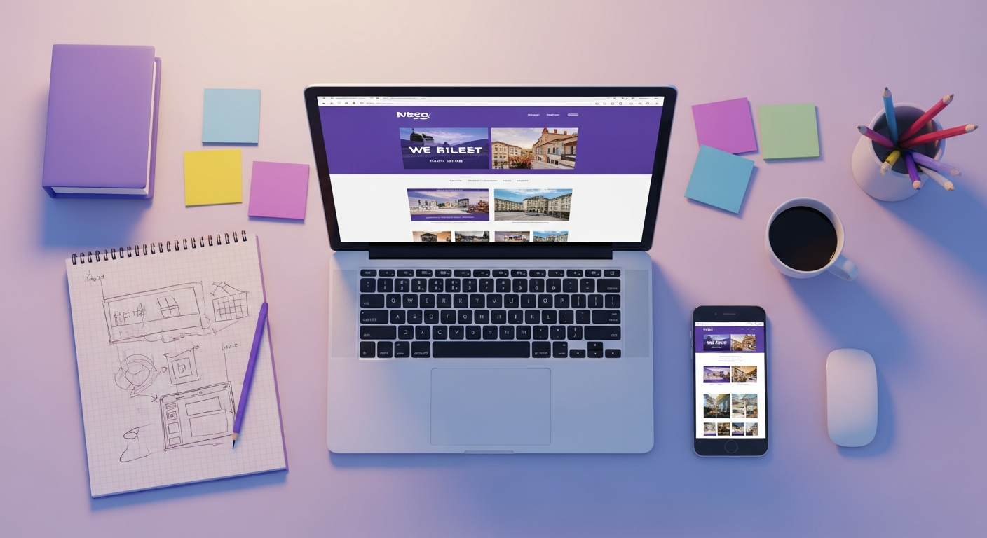 Espace de travail d'une agence web moderne avec ordinateur et matériel de conception