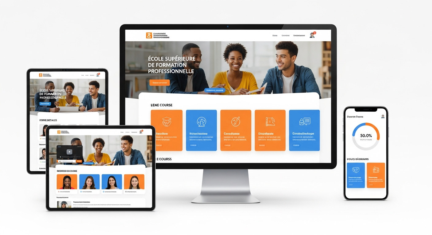 Plateforme de formation en ligne — design engageant avec catalogue de cours et espace apprenant