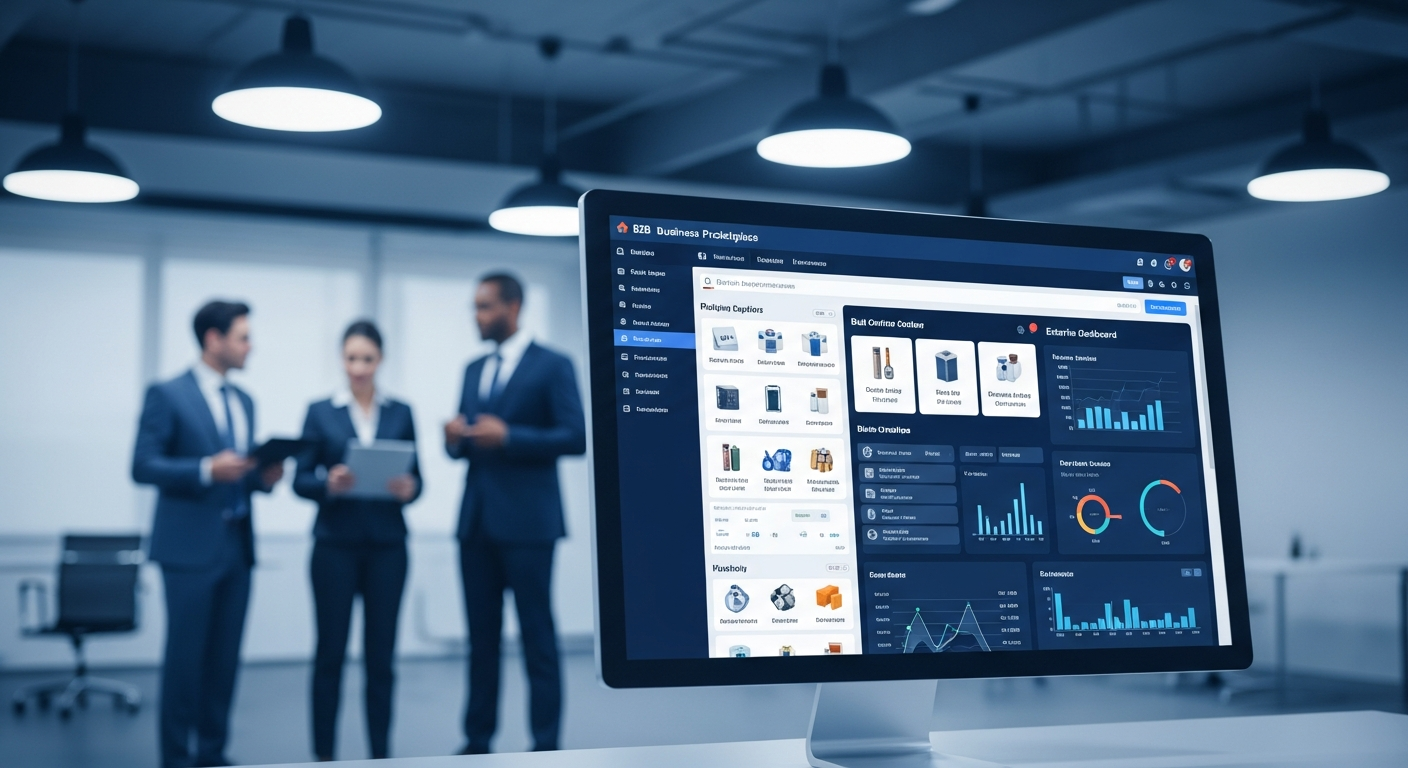 Interface d'une marketplace BtoB avec tableau de bord entreprise et catalogue fournisseurs