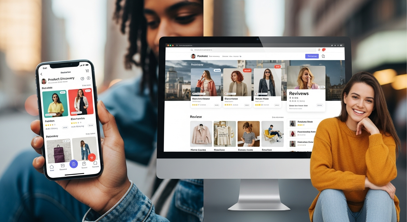 Interface d'une marketplace BtoC avec catalogue produits, avis clients et panier d'achat