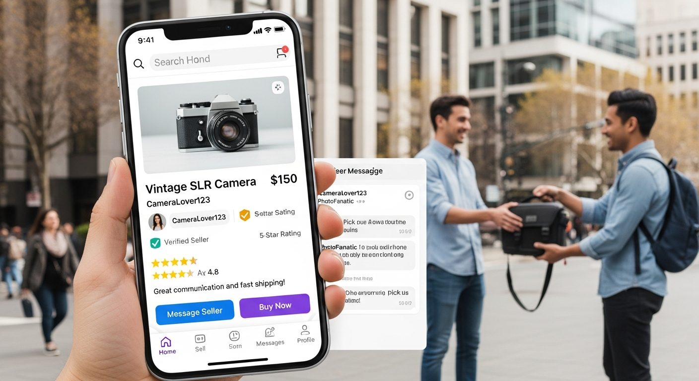 Interface d'une marketplace CtoC avec profils vendeurs particuliers, annonces et système de confiance