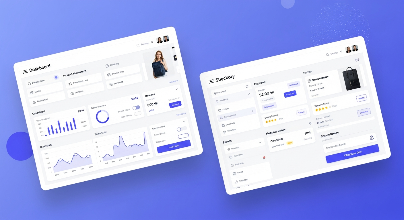 Interface complète d'une marketplace avec panneau vendeur et interface acheteur côte à côte