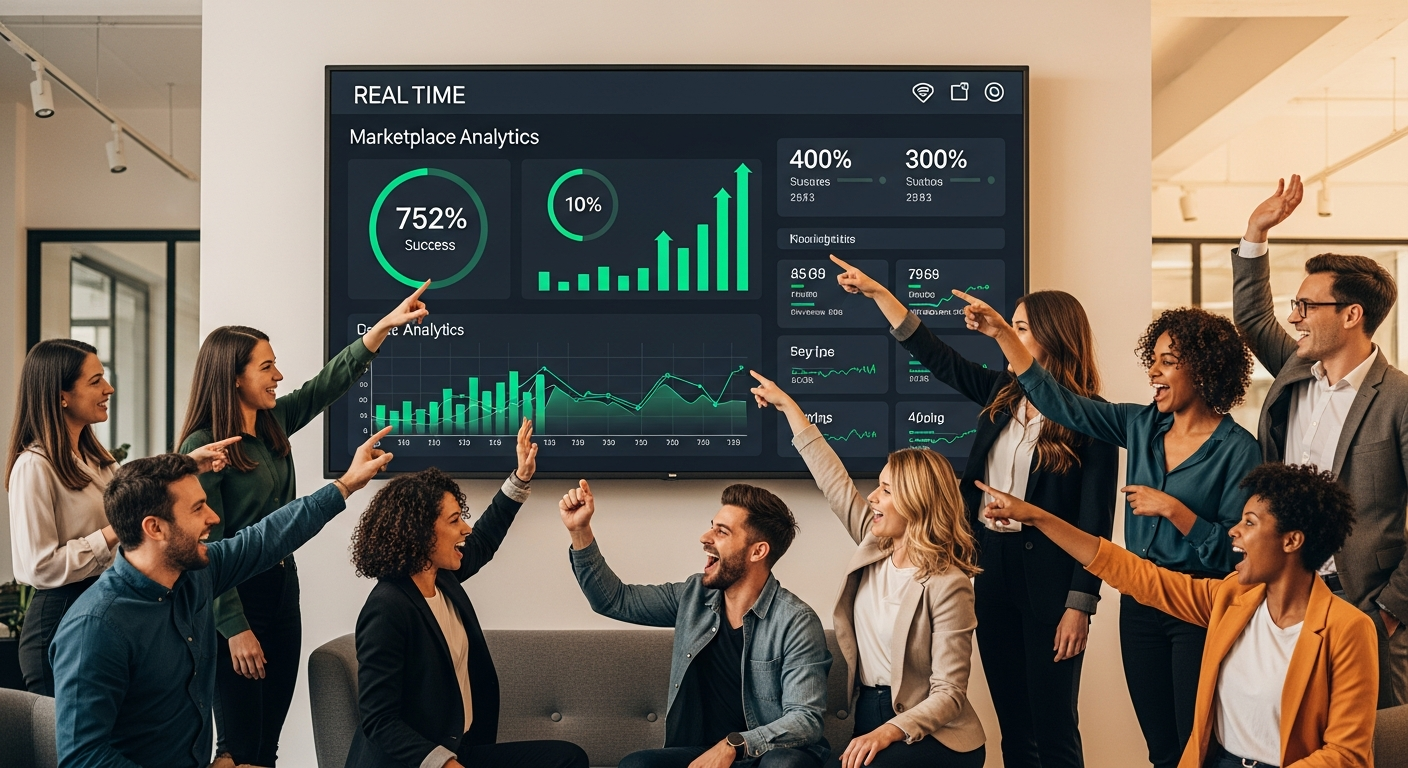 Équipe célébrant le lancement réussi d'une marketplace