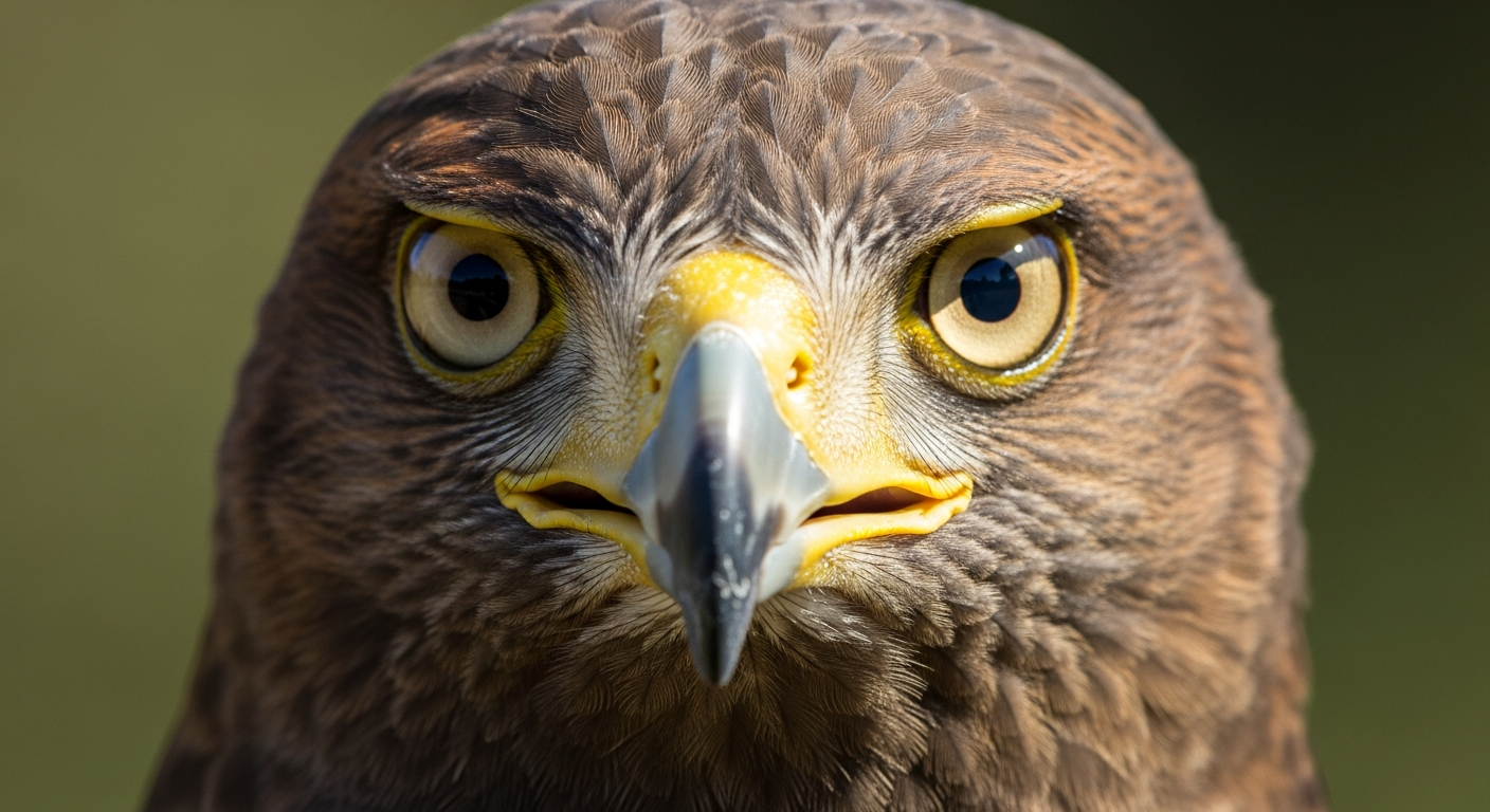 Close-up of a Harris hawk's eye and feathers showing rich brown and amber detail