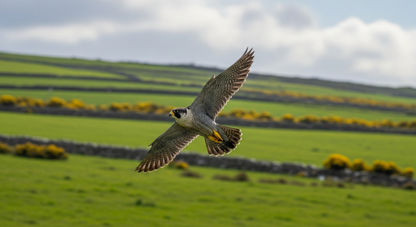 Peregrine falcon in full flight over an Irish field