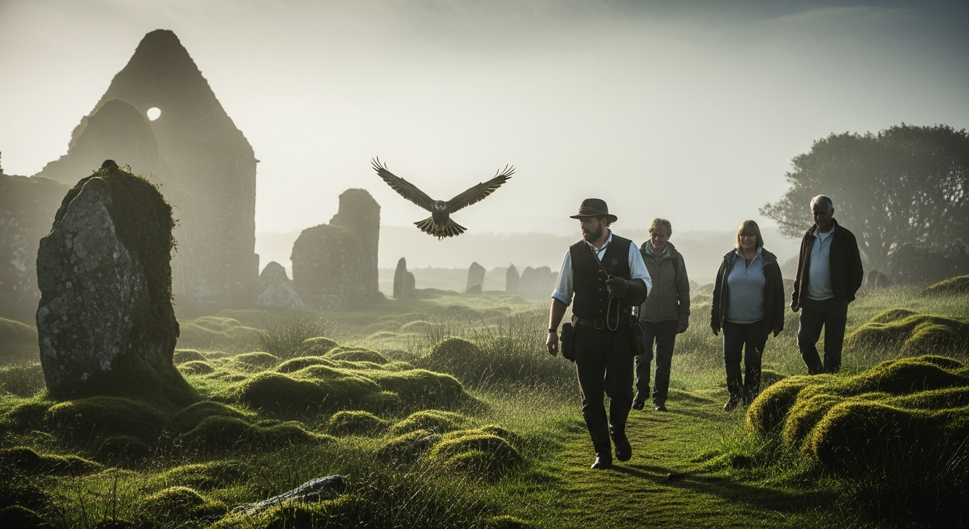 Falconer and visitors on a heritage walk through an Irish landscape