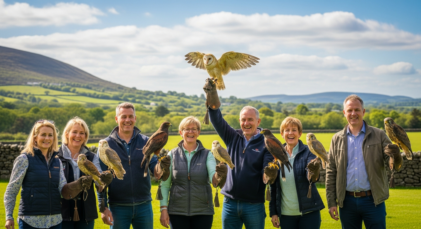 Group of people enjoying a private falconry session in the Irish countryside