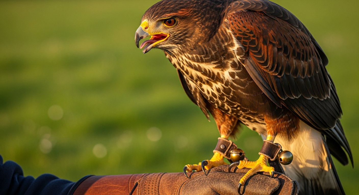 Harris hawk perched on a traditional leather falconry glove with bells and jesses