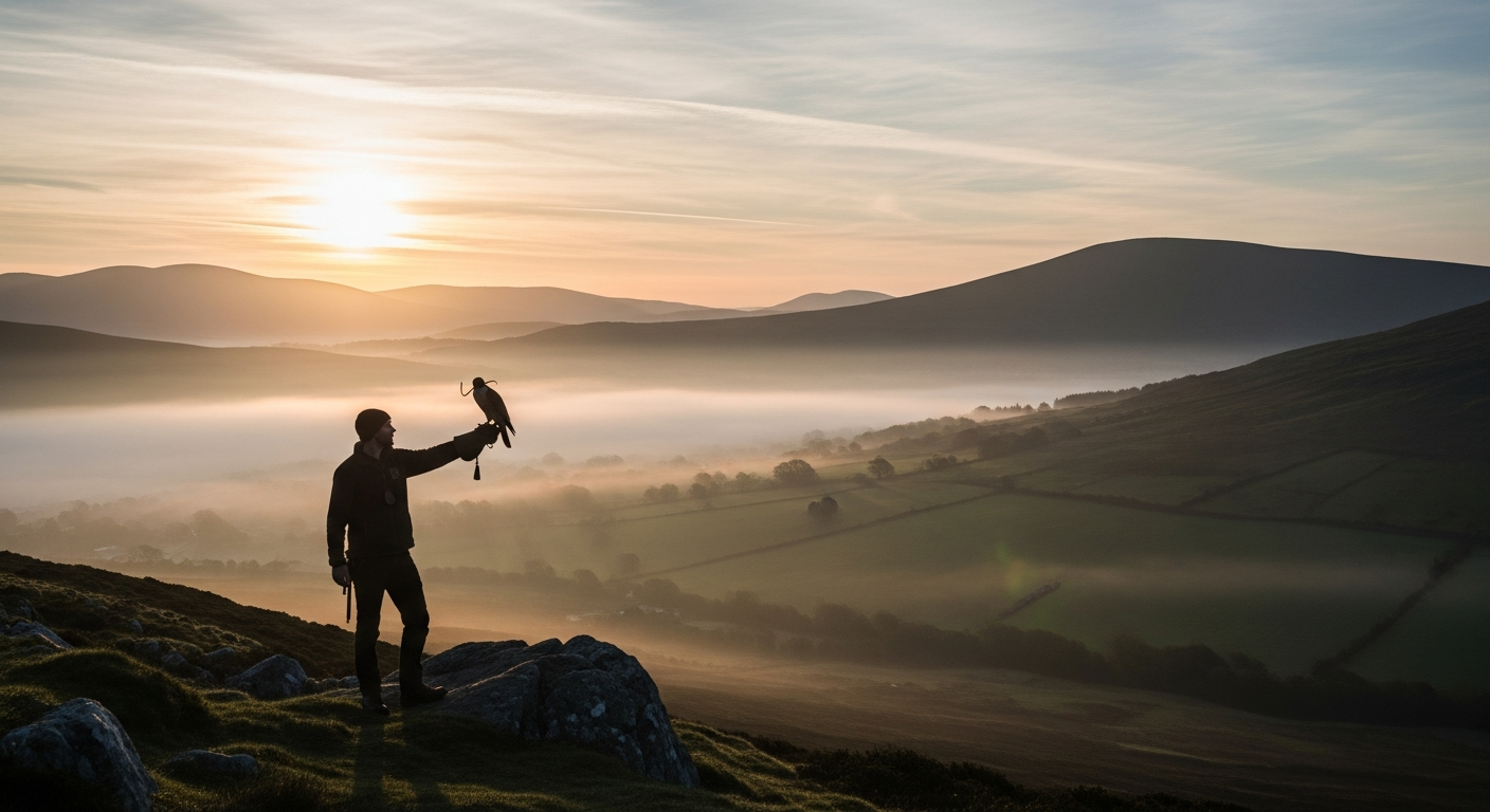 Falconer silhouetted at sunrise with falcon on arm, misty Irish valley below