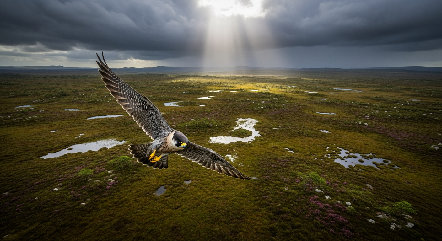 Peregrine falcon in full flight over the Irish bogland with dramatic cloudy sky