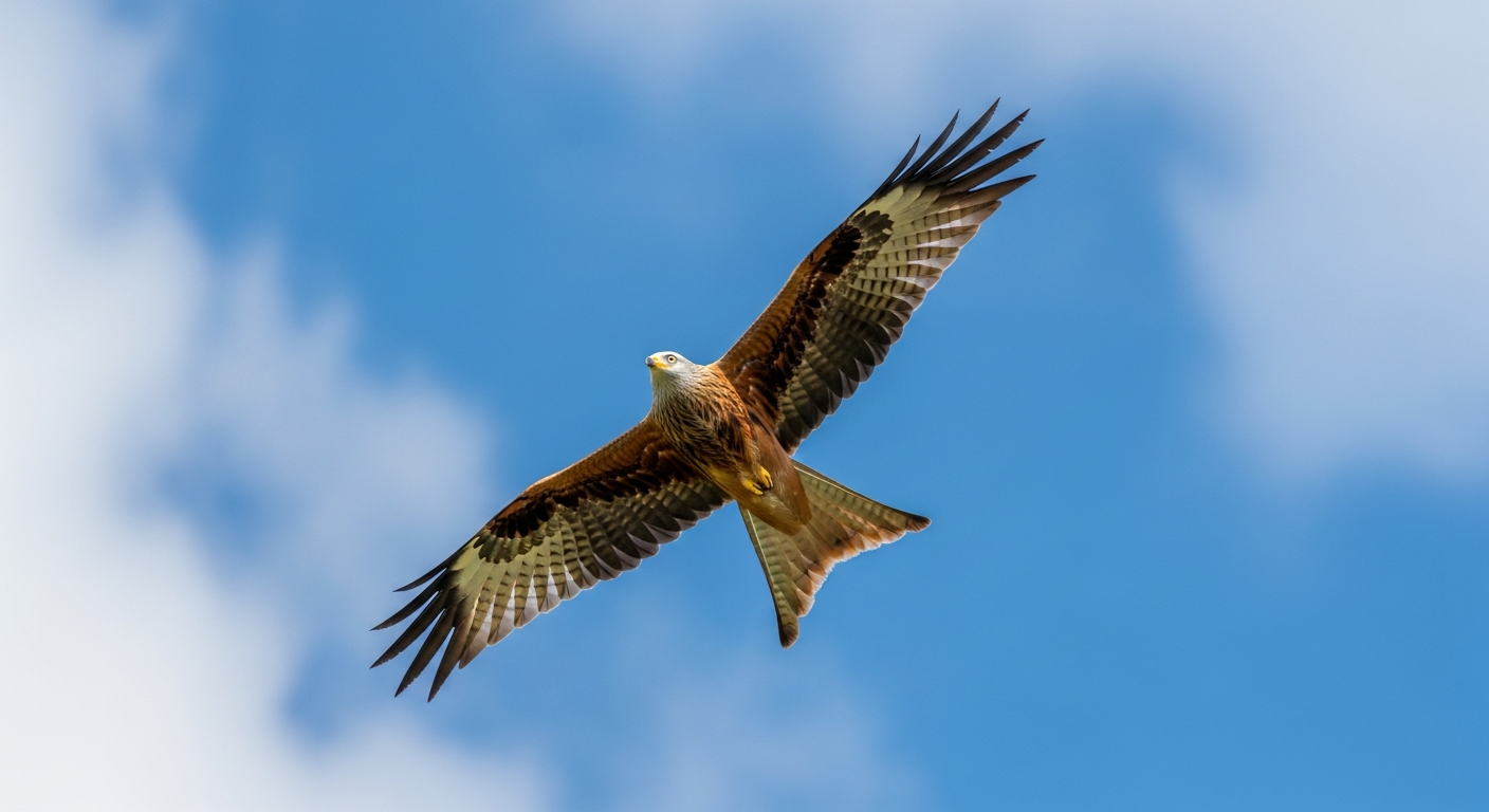 Red kite with forked tail soaring against a blue sky over Ireland