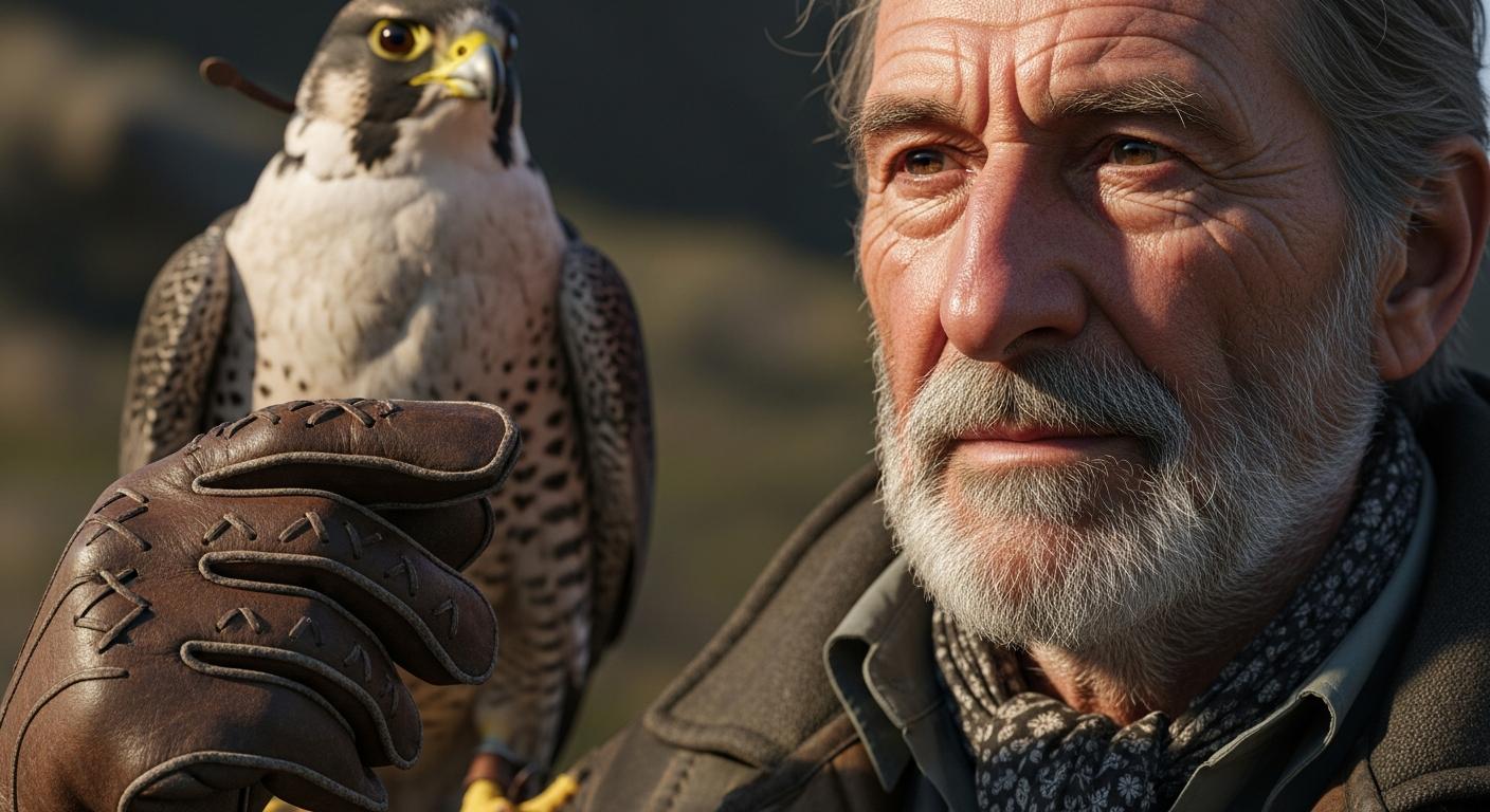 Falconer's leather glove holding a hawk in the Irish countryside with ancient stone wall in the background
