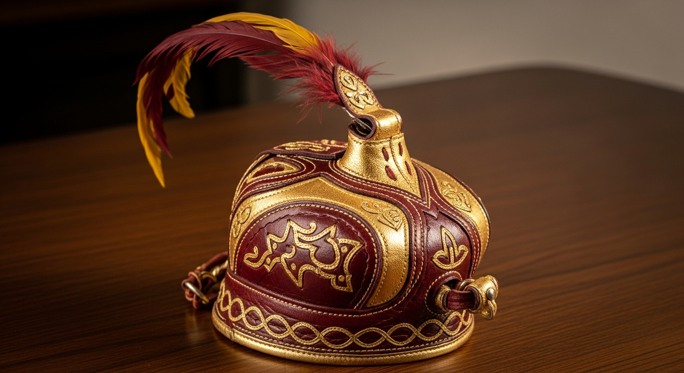 Ornate traditional falconry hood in burgundy and gold leather with decorative plume