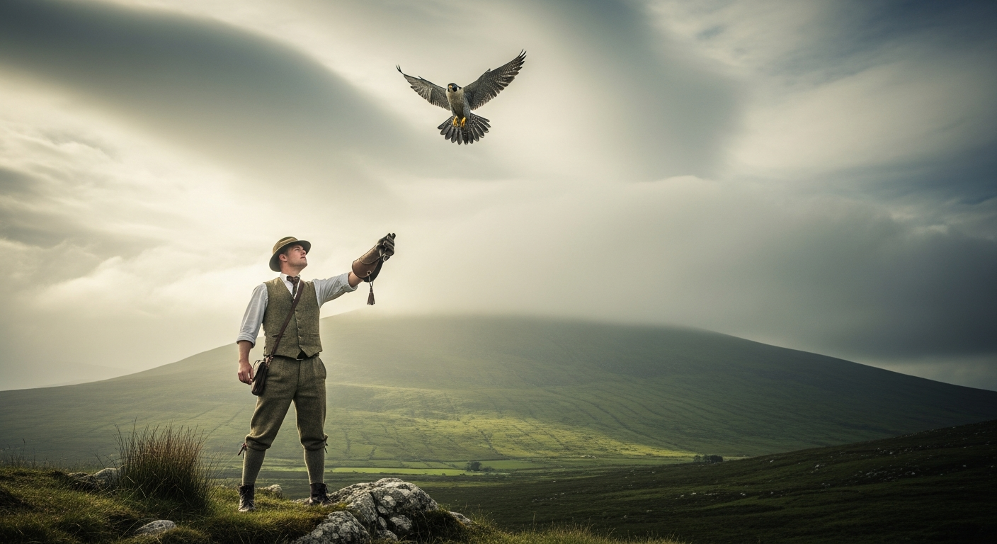 Falconer releasing a peregrine falcon into the sky over the Irish countryside during a heritage demonstration