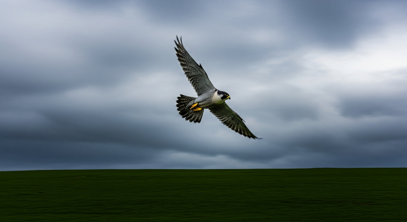 Peregrine falcon diving against a dramatic Irish sky