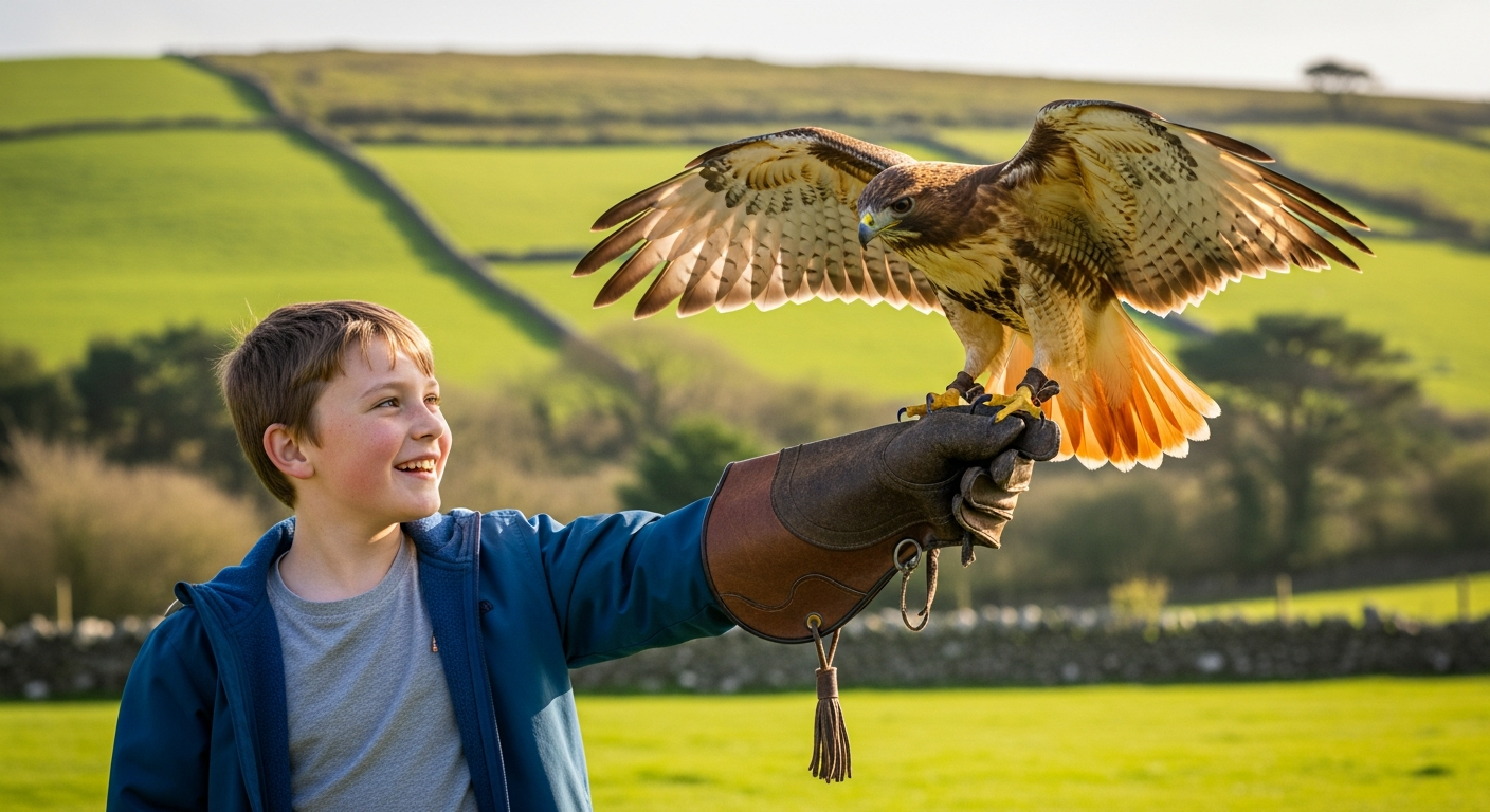 Young visitor experiencing a hawk landing on their glove during a heritage walk