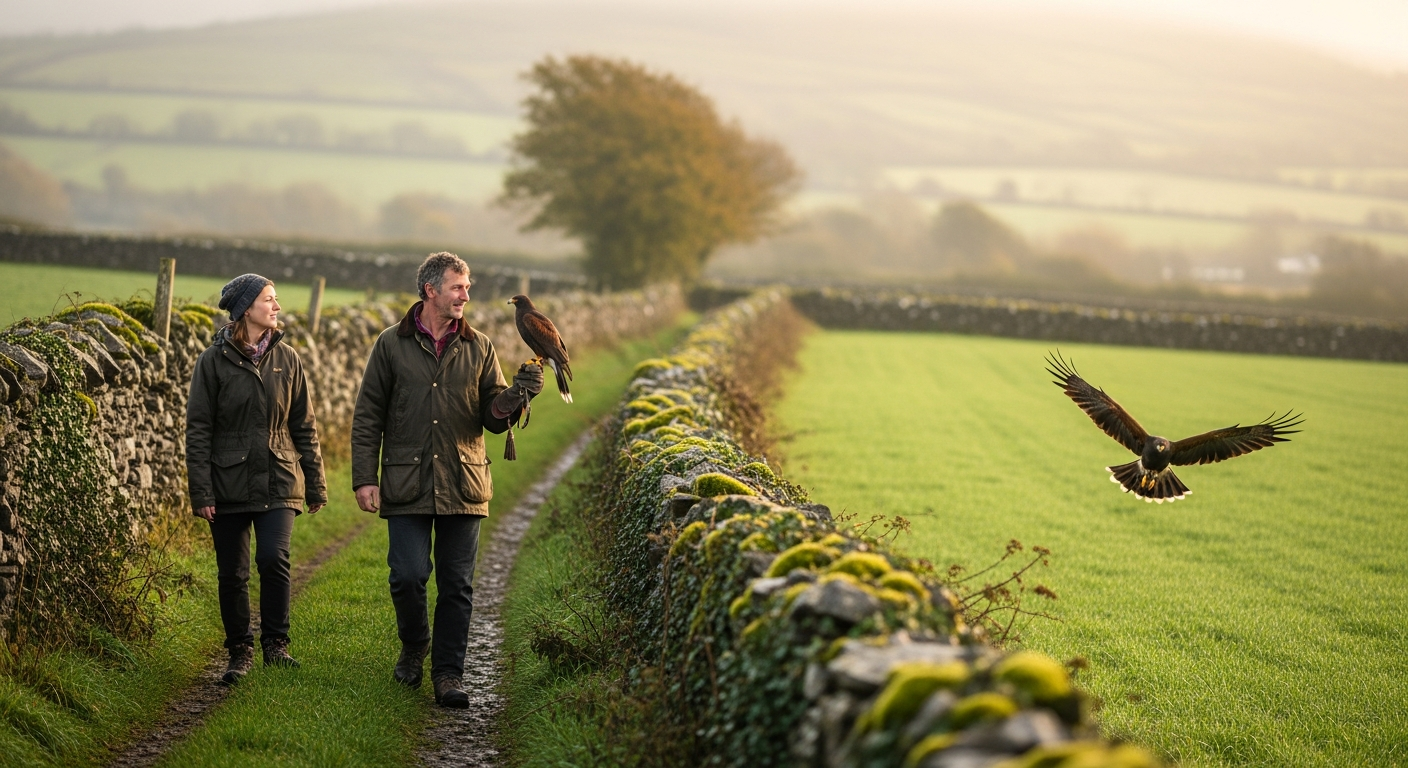 Falconer and guest walking through an Irish landscape with a hawk in flight
