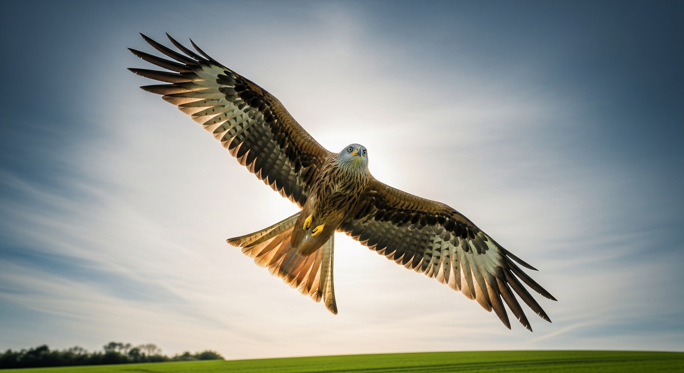 A red kite soaring with its forked tail spread
