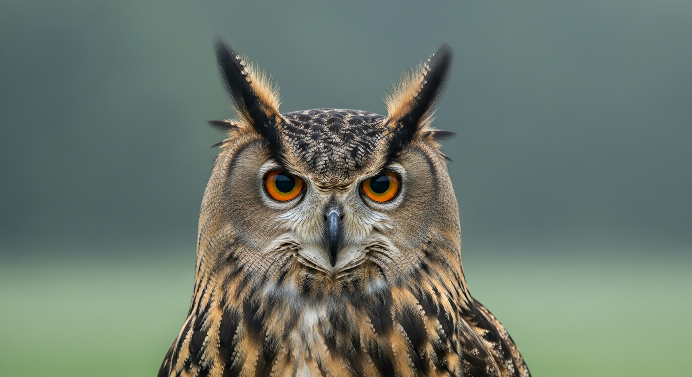 Eurasian eagle-owl with vivid orange eyes and ear tufts photographed face-on in a misty forest