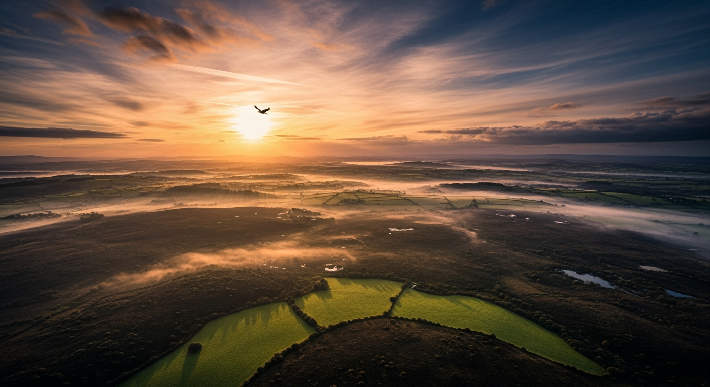 Sweeping aerial view of Irish midlands countryside at golden hour with a hawk in flight