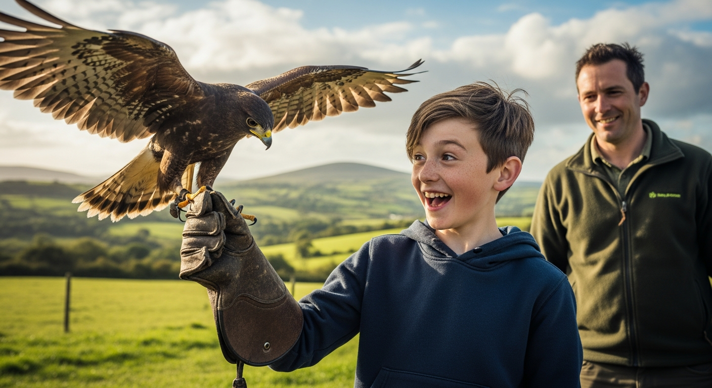 Child experiencing a hawk landing on their gloved hand during a falconry session