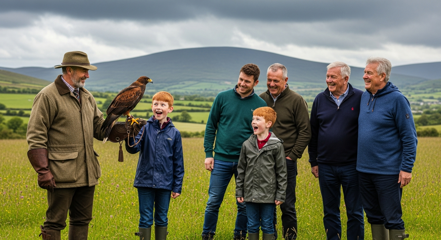 Family enjoying a falconry session with a hawk on a child's gloved hand in an Irish field
