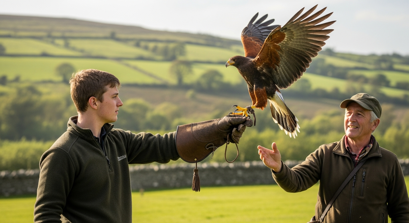 Beginner learning to fly a hawk on their gloved arm in an Irish field
