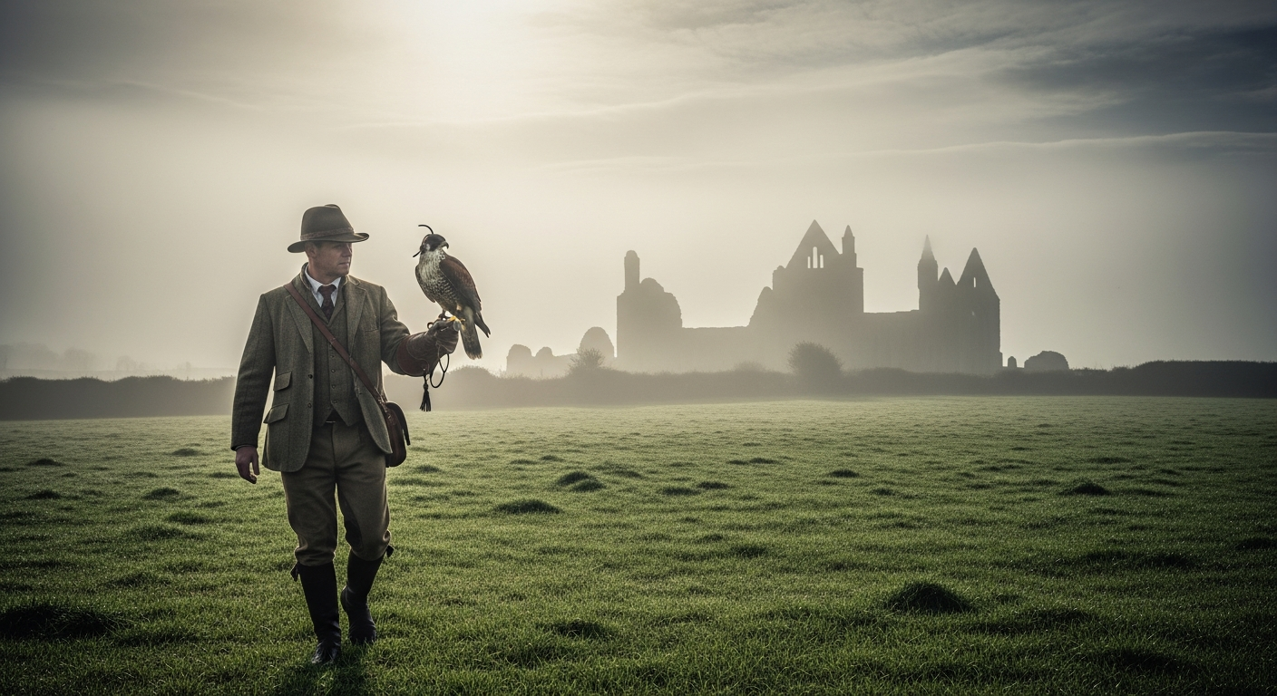 Falconer walking through a misty ancient Irish landscape with a hawk on their glove
