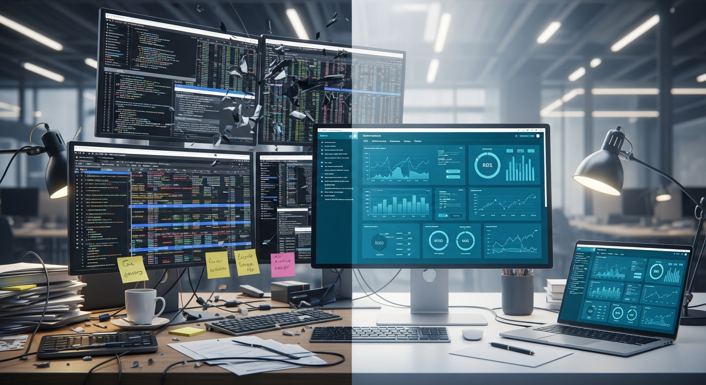 Comparaison entre données brutes chaotiques et dashboard organisé