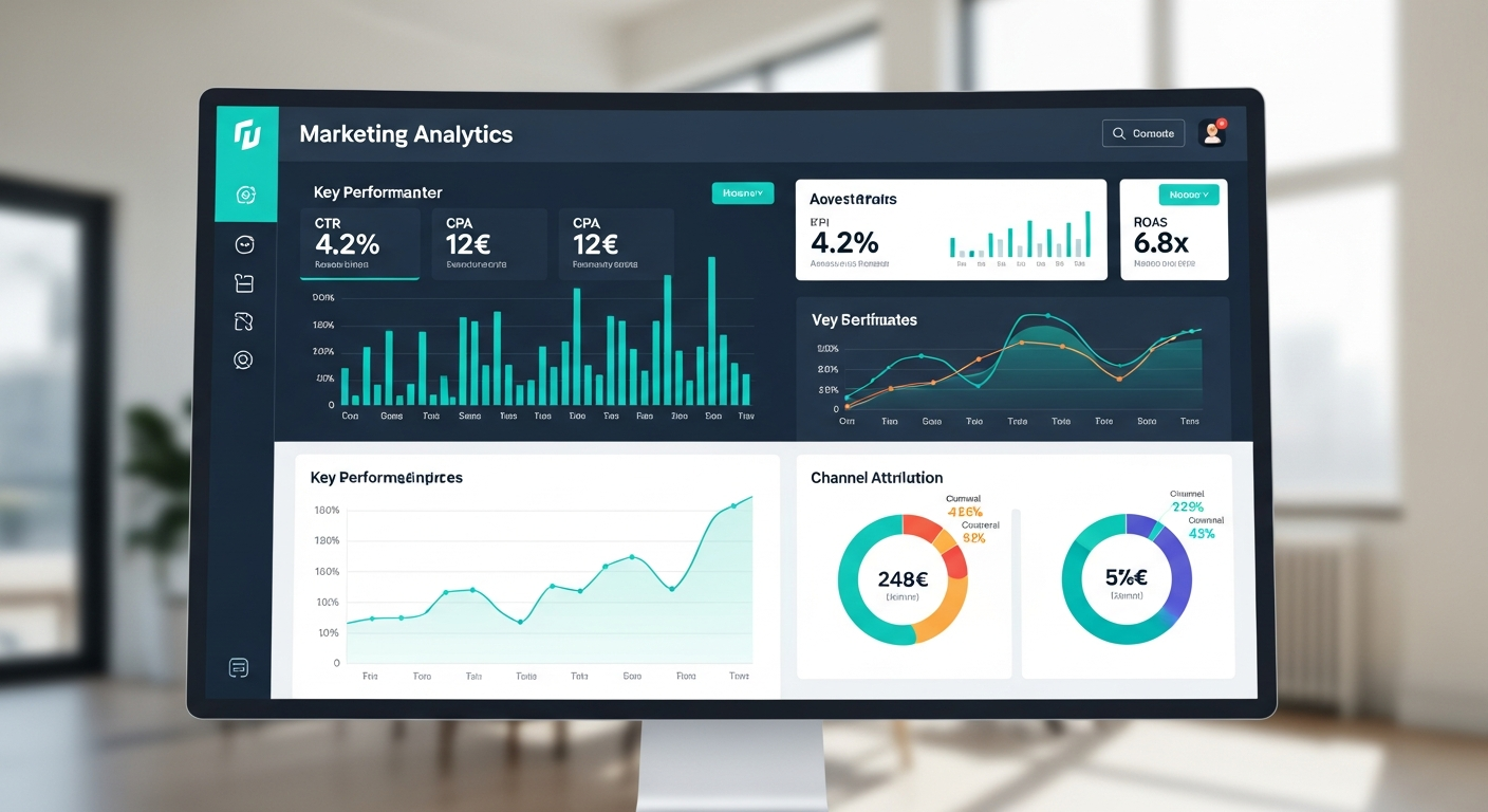 Interface du dashboard marketing avec graphiques KPIs et indicateurs de performance