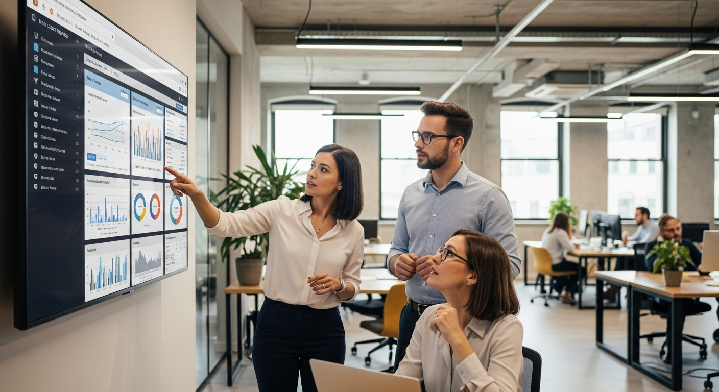 Équipe d'agence marketing présentant des rapports clients automatisés