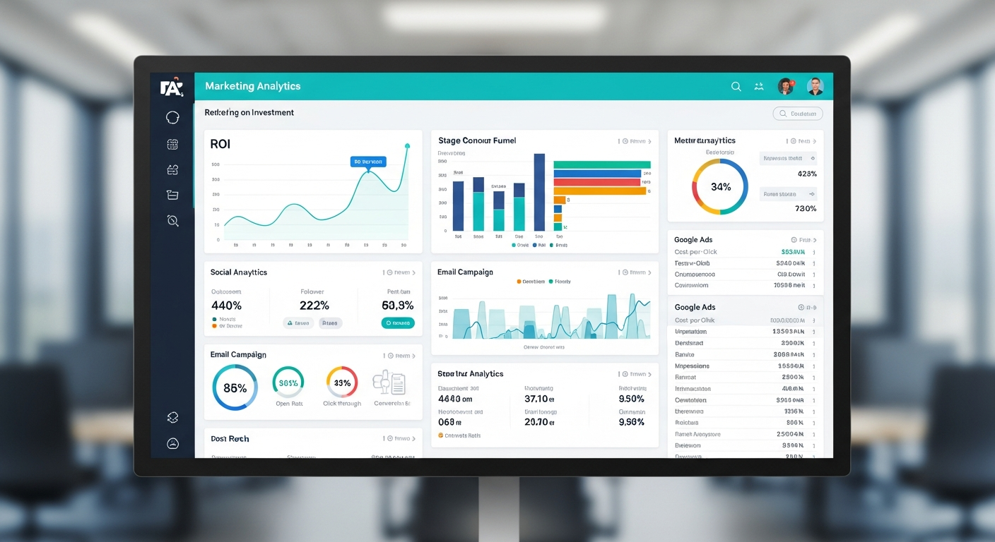 Aperçu du dashboard marketing avec KPIs et graphiques de conversion