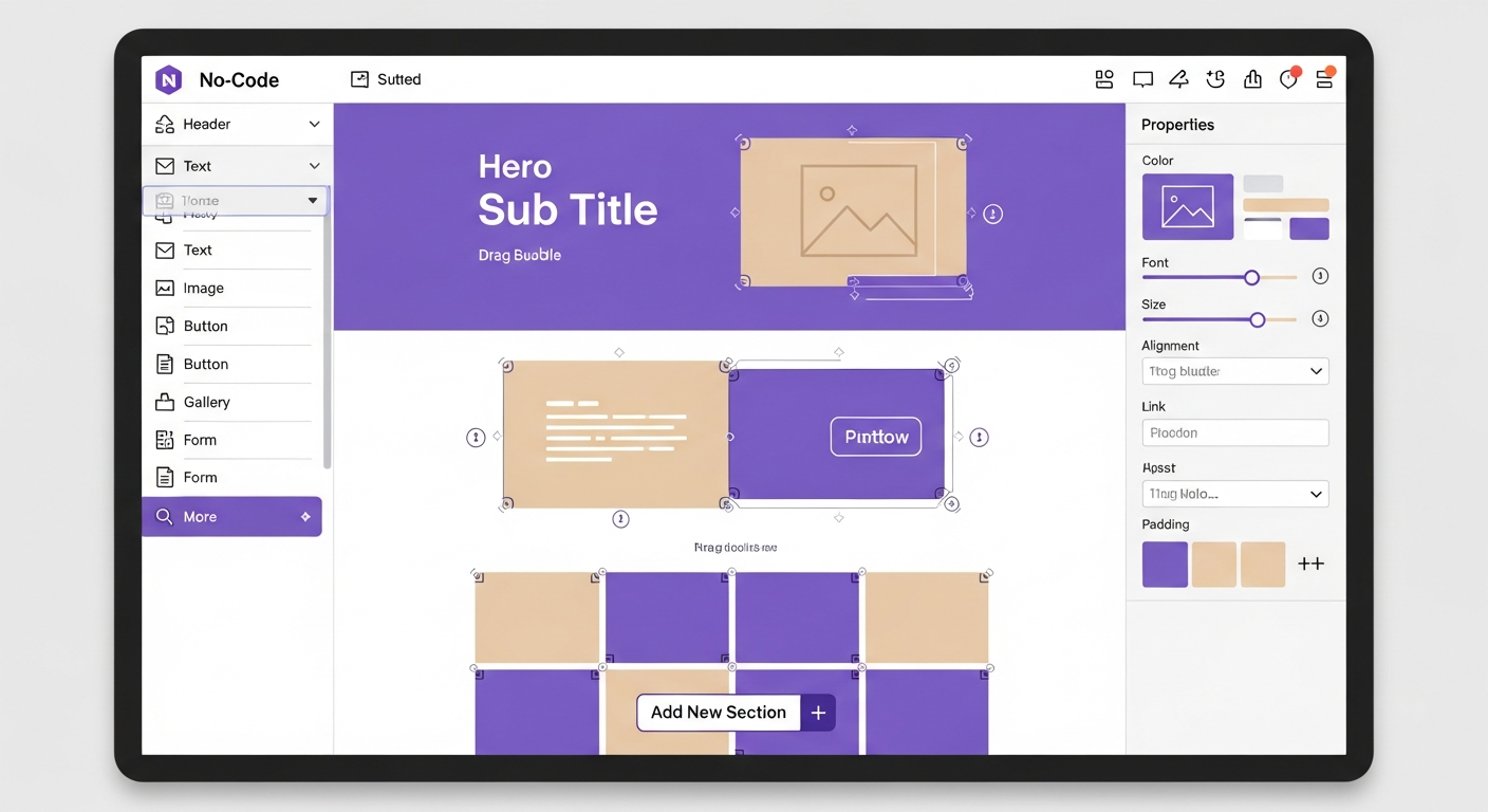 Interface principale de l'éditeur no-code avec panneaux de blocs et d'édition