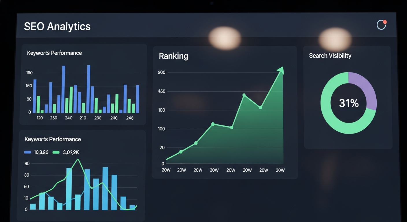 Tableau de bord SEO avec métriques de référencement et graphiques de performance
