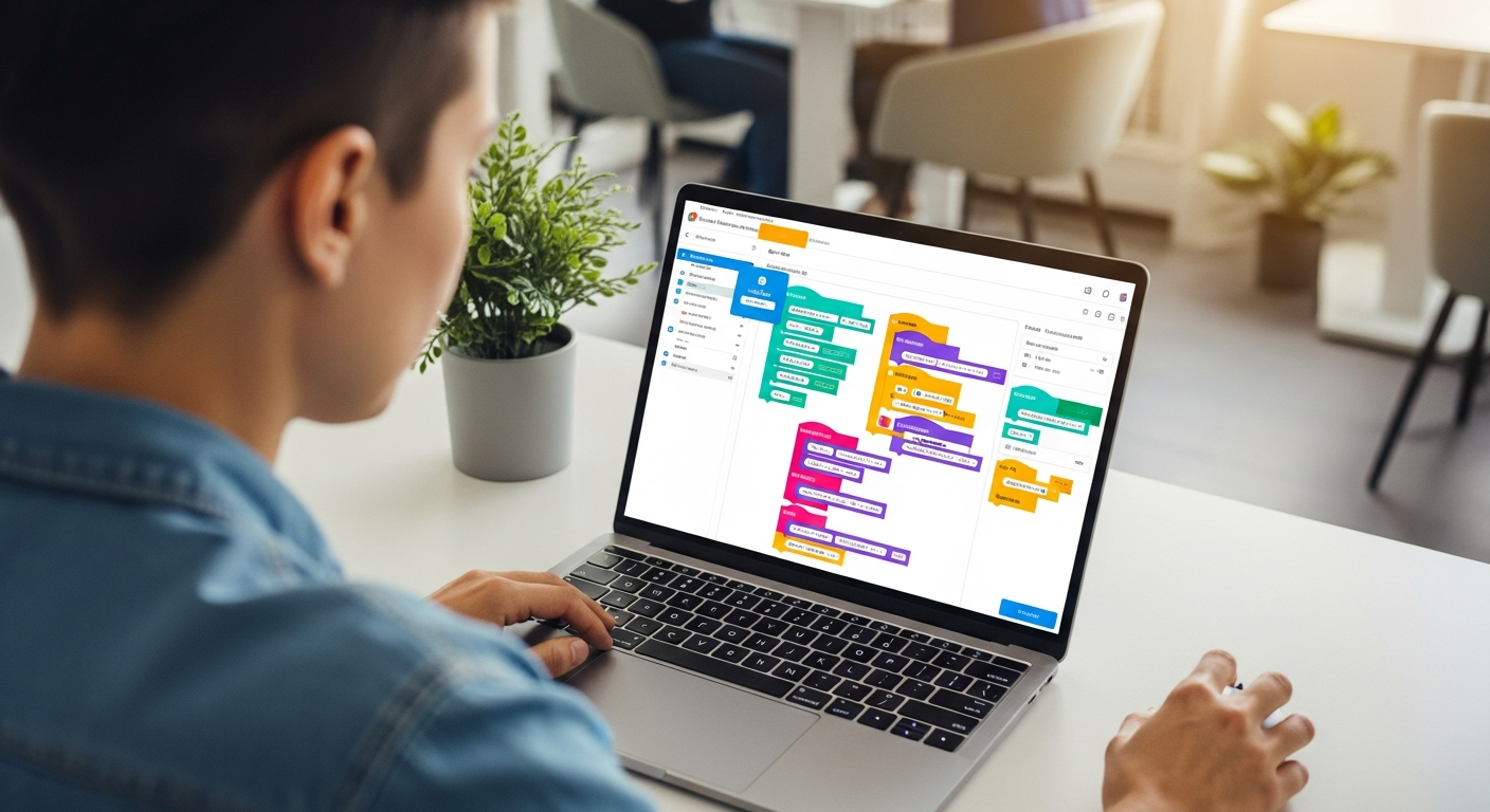 Personne utilisant un constructeur d'applications no-code sur un ordinateur portable