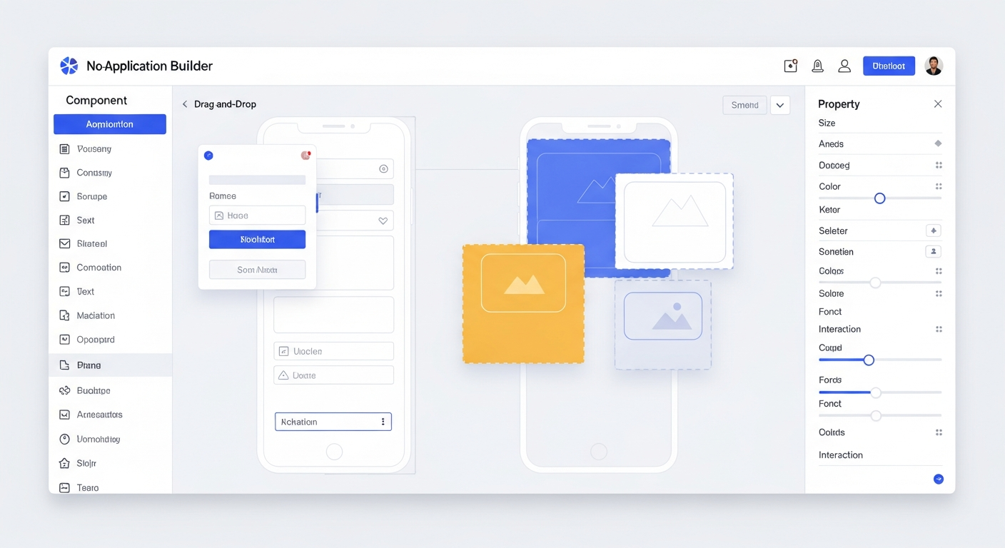 Tableau de bord de l'éditeur no-code avec panneau de composants et canvas principal