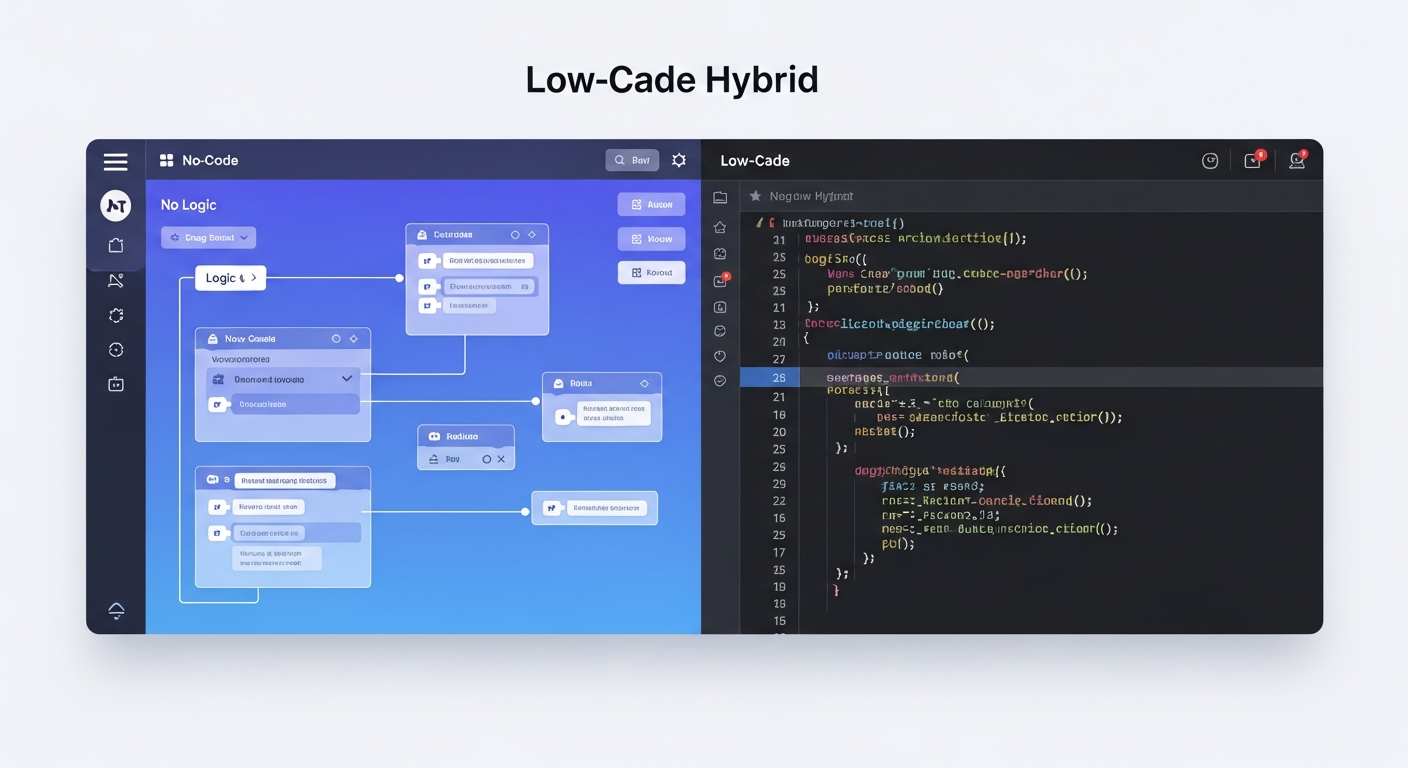 Illustration comparant l'interface no-code visuelle et l'éditeur low-code hybride